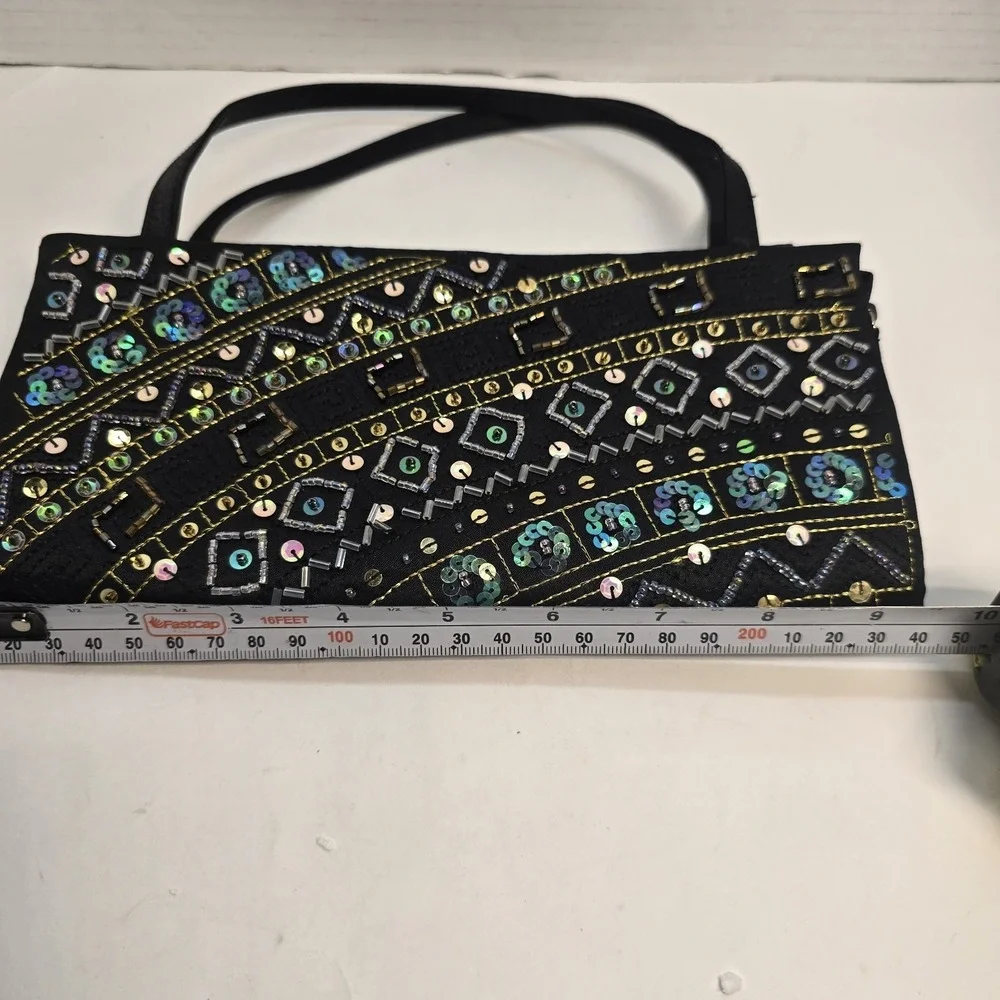 Vtg Beaded Sequin Black Satin Evening Clutch‎ Bag Green Gold Geometric Handbag